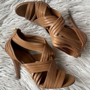 Tory Burch Liv Brown Cage Strappy Leather Open Toe Heeled Sandals EUC Size 6.5